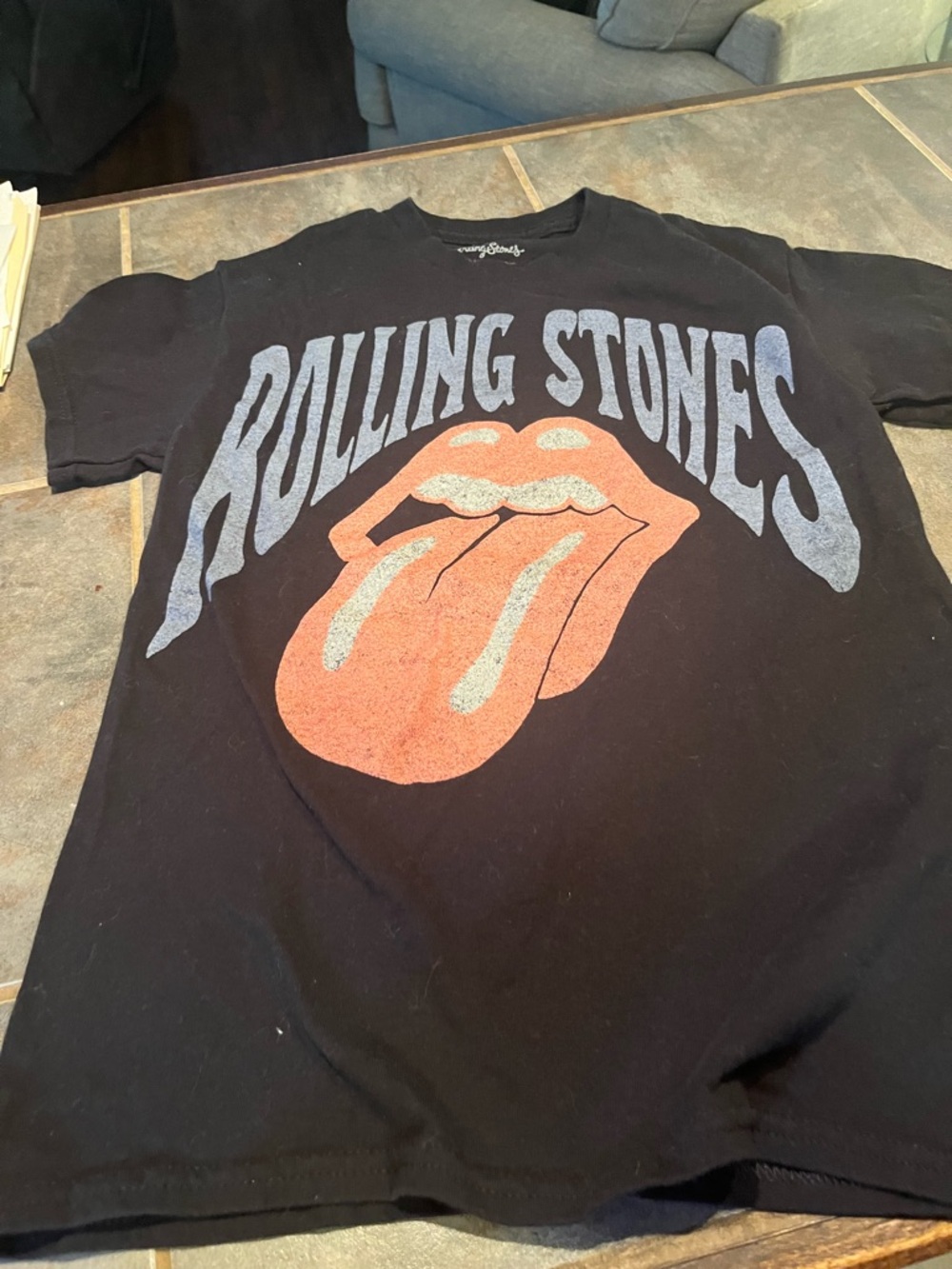 the Rolling Stones Black Tee with Red Tongue and Light Blue Logo